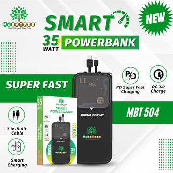 MBT 504 Smart 12000 mAh Lithium Polymer powerbank, 35W Superfast Fast charging, with Digital Display & 2 inbuilt cables