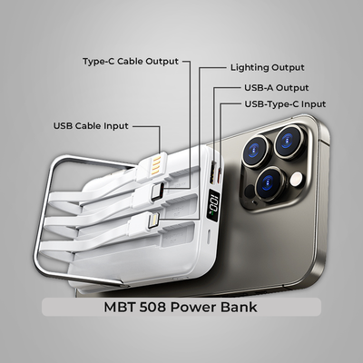 MBT 508 wirless power bank 10000 mAh with inuilt cables and metalic stand