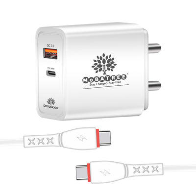 Mobatree Missile PD+QC Charger with 1 USB Port, 1 Type-C to Type-C Cable, Cable 3.0 Amps and 20 W Lightning Speed Charging for Android Devices