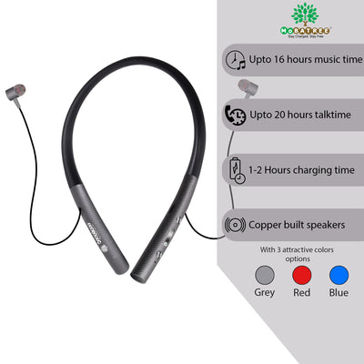 Mobatree MBT 702 Bluetooth Neckband with Mic, Smart Magnetic Buds, Upto 20 Hours Playback and Talk-Time, Noise Cancellation in Version 5.0 Bluetooth with Bold Bass - Grey